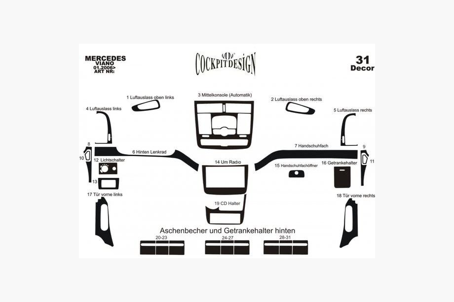 Mercedes Viano 2004–2014 Dashboard sierpanelen Meric (voorzijde + interieurinserts) 2006-2014, Houtlook Foto 4