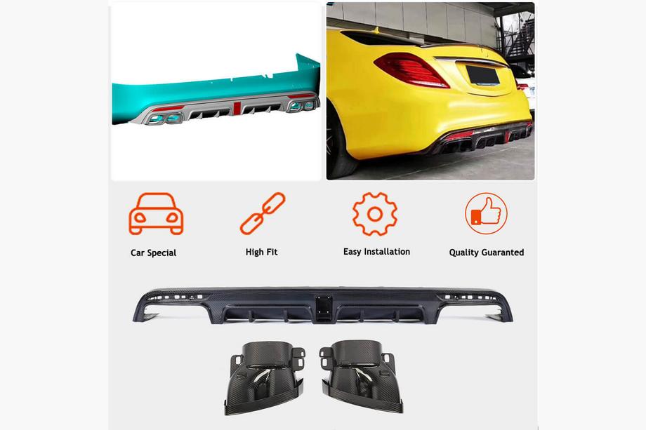 Mercedes S-Class W222 2013–2022 Achterbumperdiffuser met uitlaatsierstukken (voor S63 AMG 2014-2017, carbon) Foto 2