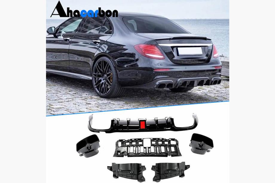 Mercedes E-class W213 2016–2023 Achterbumper diffuser met uitlaatsierstukken V1 (voor AMG/AMG-Line 2016-2019, carbon) Foto 1