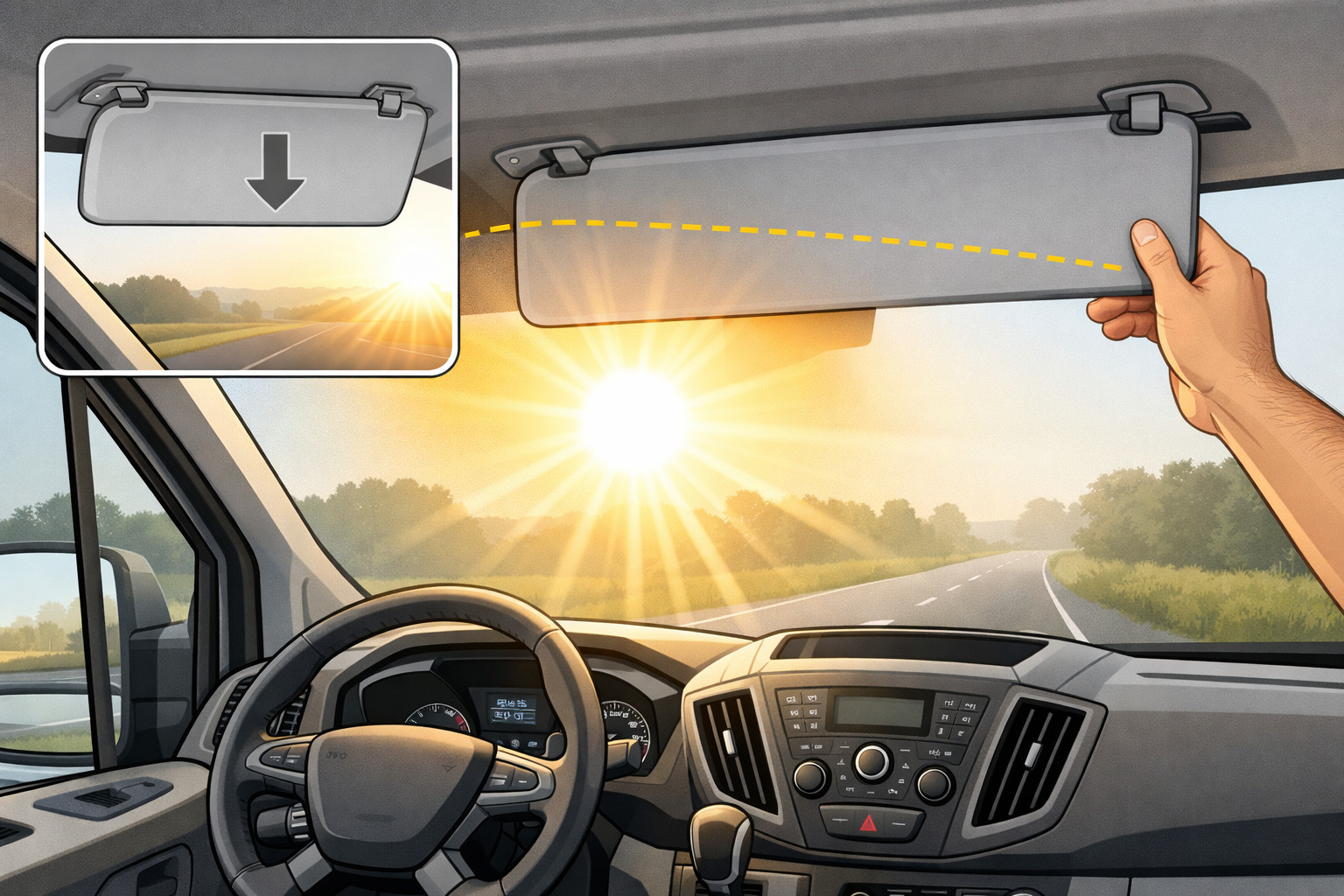 Zo verminder je verblindende zonlicht op de voorruit van Ford Transit bij ochtendritten