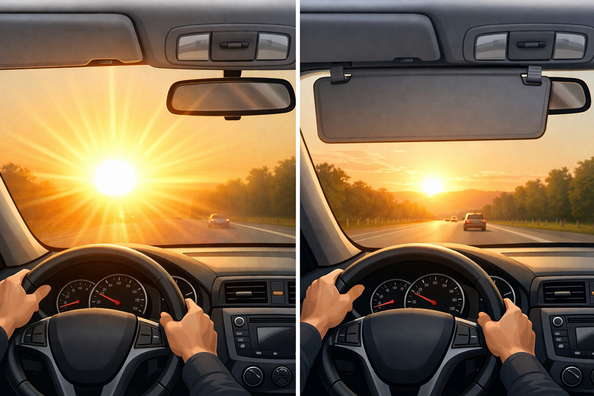 Waarom de zon ’s ochtends en ’s avonds verblindt en wanneer een voorruitvizier helpt