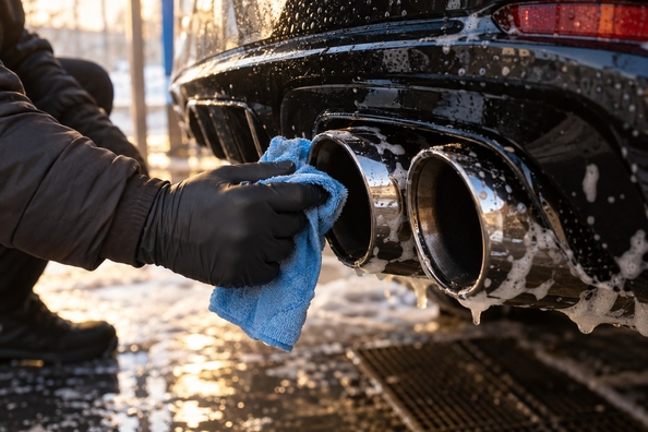 Uitlaattips en achterdiffuser in de winter: condens, zout en roet Foto 1