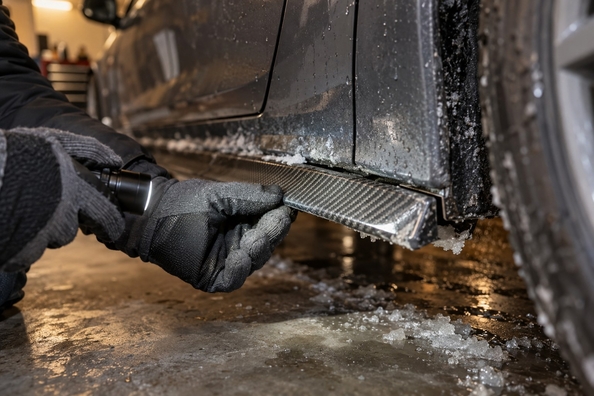 AMG- en M-Sport-dorpelblades in de winter: sneeuw, sporen, stoeprand—dit check je